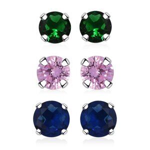 Set of 3  Pink, Green and Blue CZ Diamond Stud Earrings in Sterling Silver